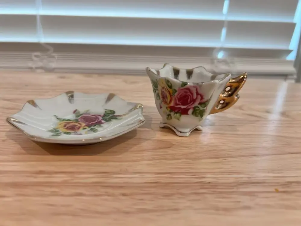 Vintage Enesco Miniature Floral Tea Cup and Saucer with Gold Trim